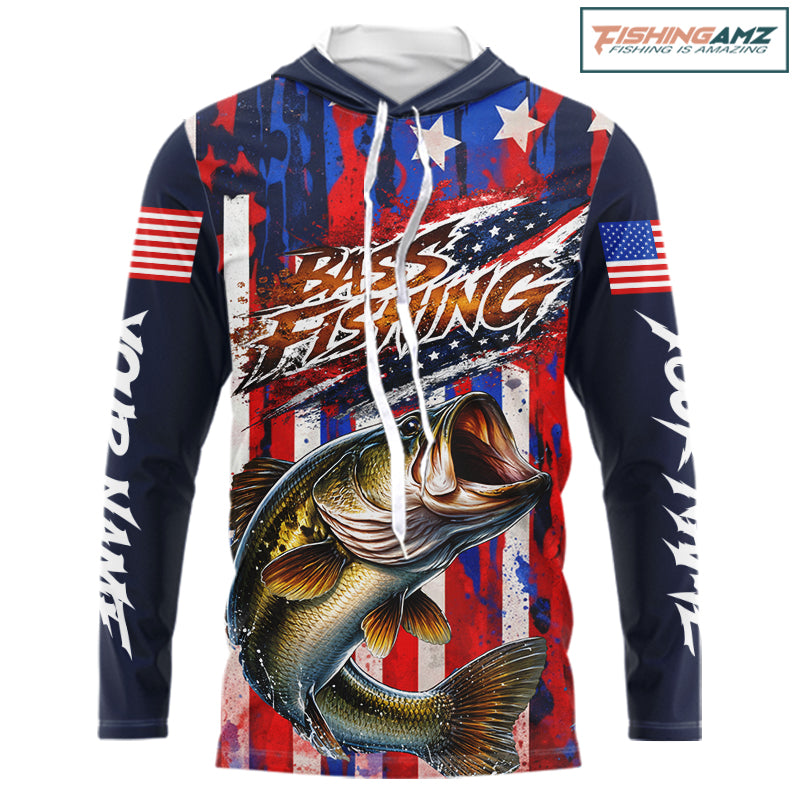 American Flag Bass Long Sleeve Hooded Fishing Shirts, Bass Fishing Tournament Shirts, Bass Fishing Shirts NBT432