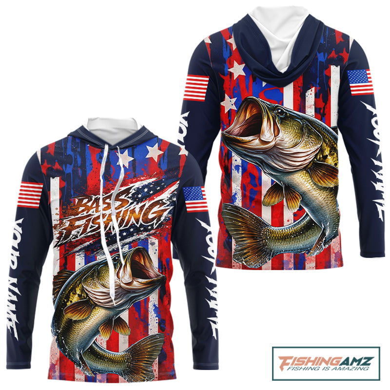 American Flag Bass Long Sleeve Hooded Fishing Shirts, Bass Fishing Tournament Shirts, Bass Fishing Shirts NBT432