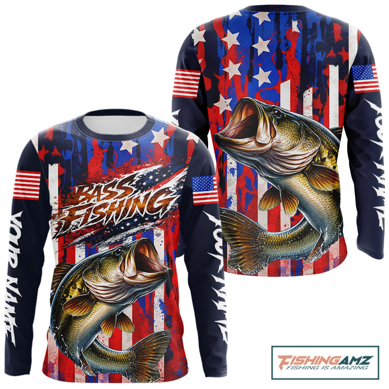 American Flag Fishing Shirt, Bass Fishing Shirts Long Sleeve, Bass Fishing Tournament Shirts| Blue NBT432