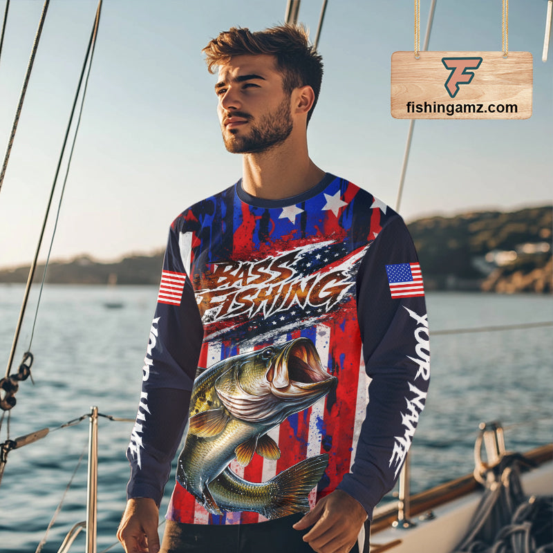 American Flag Fishing Shirt, Bass Fishing Shirts Long Sleeve, Bass Fishing Tournament Shirts| Blue NBT432