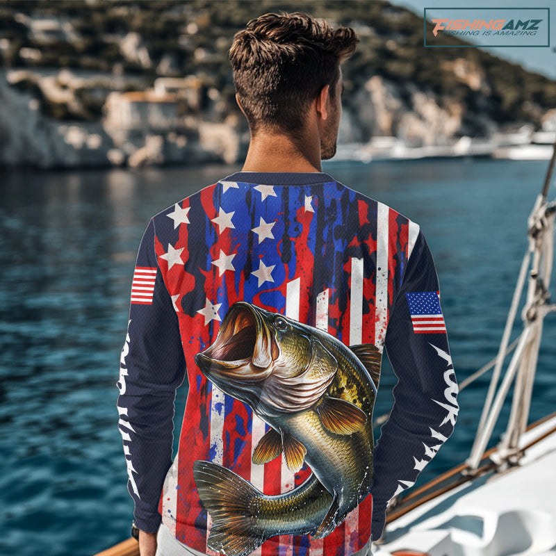 American Flag Fishing Shirt, Bass Fishing Shirts Long Sleeve, Bass Fishing Tournament Shirts| Blue NBT432
