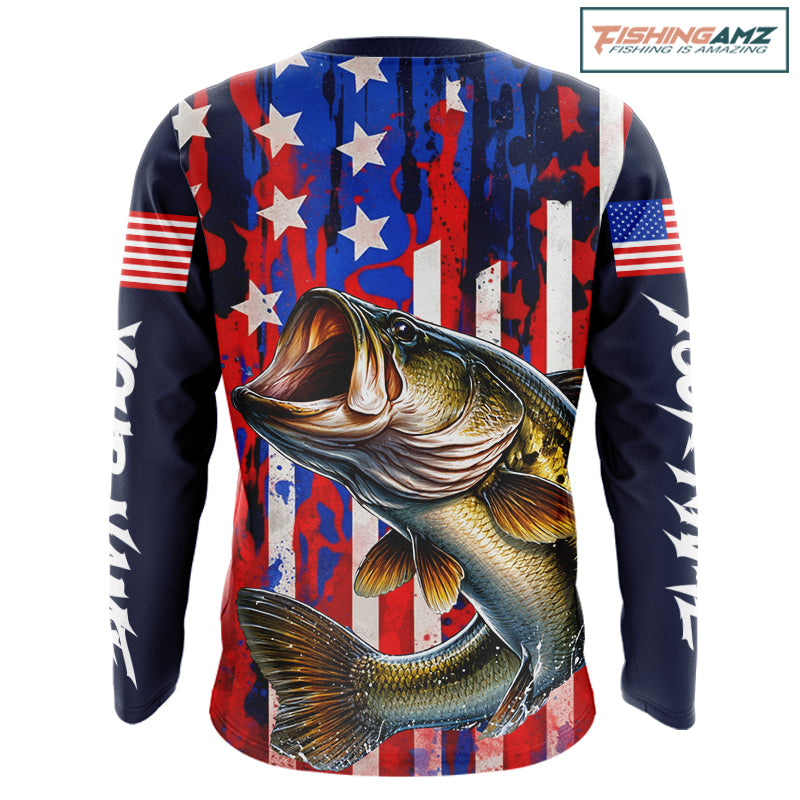 American Flag Fishing Shirt, Bass Fishing Shirts Long Sleeve, Bass Fishing Tournament Shirts| Blue NBT432