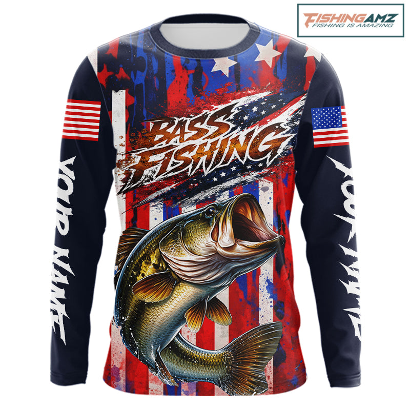 American Flag Fishing Shirt, Bass Fishing Shirts Long Sleeve, Bass Fishing Tournament Shirts| Blue NBT432