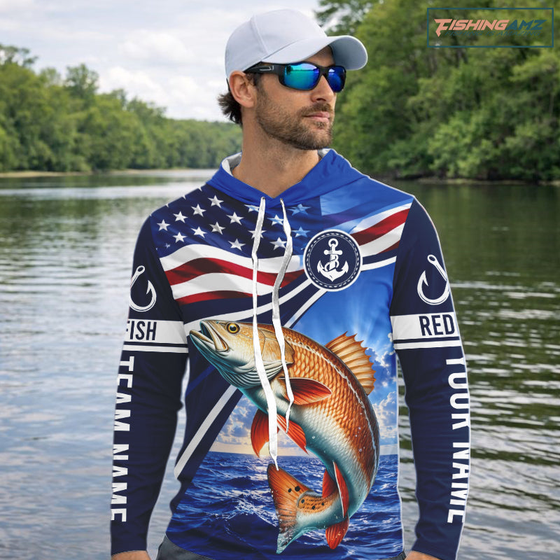 American Flag Redfish Fishing Long Sleeve Hooded Saltwater Fishing Shirts, Custom Redfish Fishing Jerseys NBT1025
