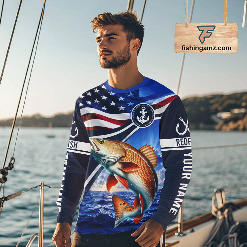 American Flag Redfish Fishing Long Sleeve Saltwater Fishing Shirts, Custom Redfish Fishing Jerseys NBT1025