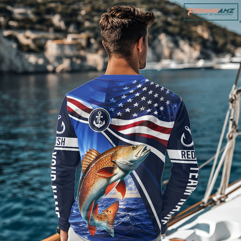 American Flag Redfish Fishing Long Sleeve Saltwater Fishing Shirts, Custom Redfish Fishing Jerseys NBT1025