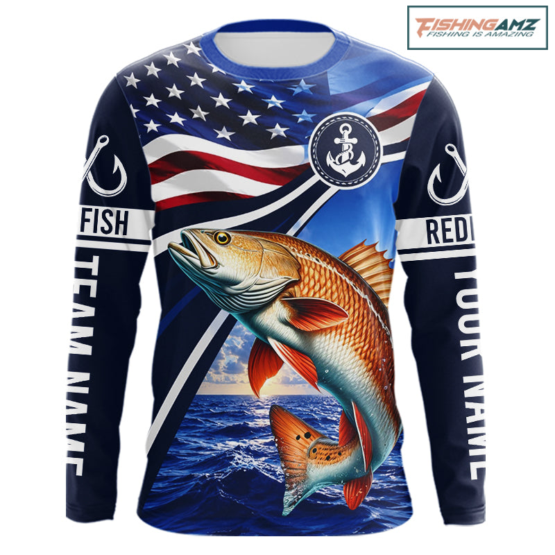 American Flag Redfish Fishing Long Sleeve Saltwater Fishing Shirts, Custom Redfish Fishing Jerseys NBT1025