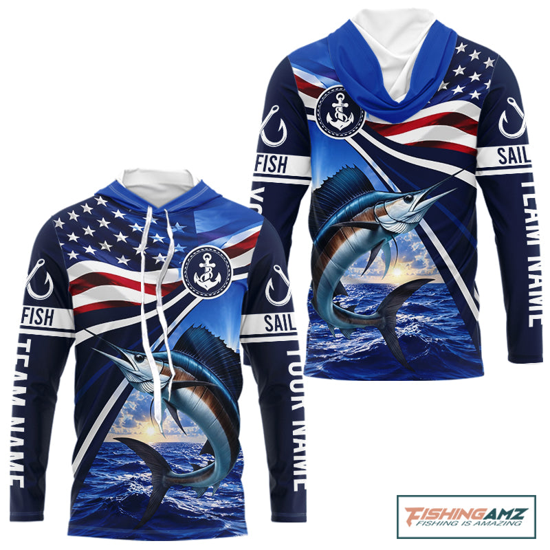 American Flag Sailfish Fishing Long Sleeve Hooded Saltwater Fishing Shirts, Custom Sailfish Fishing Jerseys NBT1026