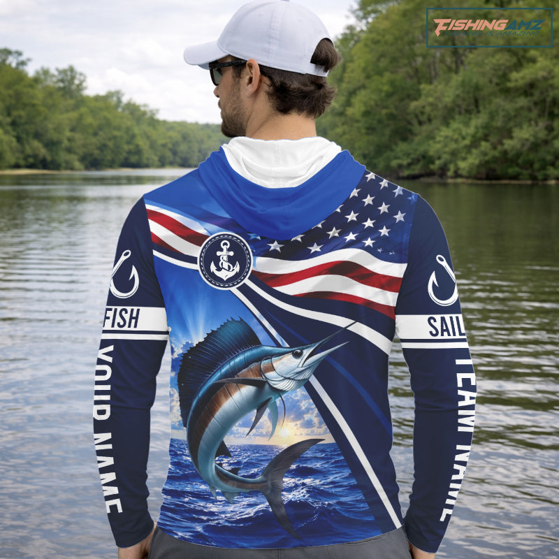 American Flag Sailfish Fishing Long Sleeve Hooded Saltwater Fishing Shirts, Custom Sailfish Fishing Jerseys NBT1026