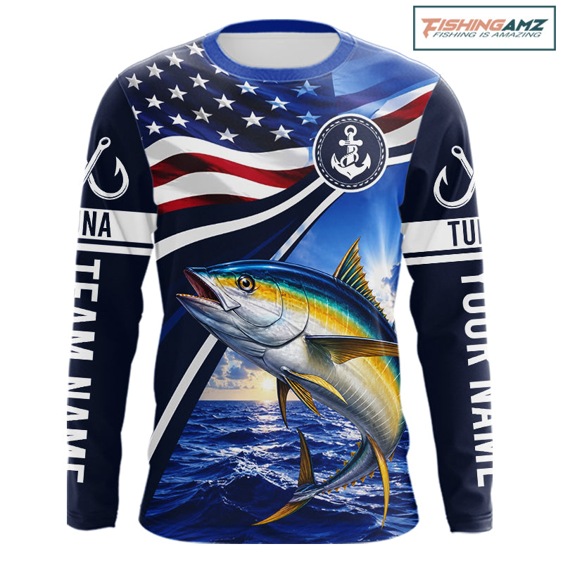 American Flag Yellowfin Tuna Fishing Long Sleeve Saltwater Fishing Shirts, Custom Tuna Fishing Jerseys NBT1027