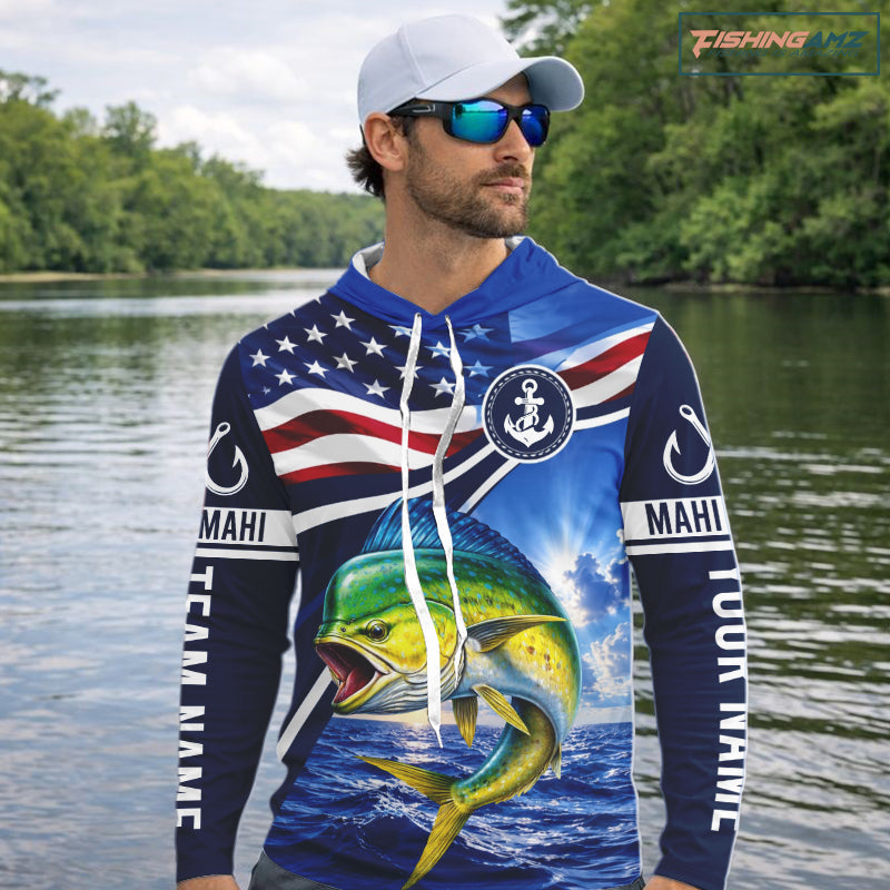 American Flag Mahi Mahi Fishing Long Sleeve Hooded Saltwater Fishing Shirts, Custom Mahi Mahi Fishing Jerseys NBT1028