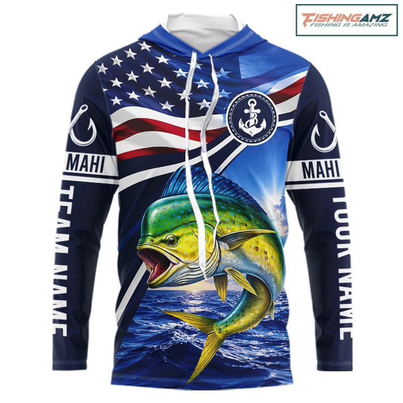 American Flag Mahi Mahi Fishing Long Sleeve Hooded Saltwater Fishing Shirts, Custom Mahi Mahi Fishing Jerseys NBT1028