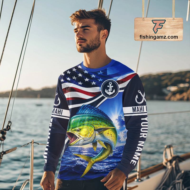 American Flag Mahi Mahi Fishing Long Sleeve Saltwater Fishing Shirts, Custom Mahi Mahi Fishing Jerseys NBT1028