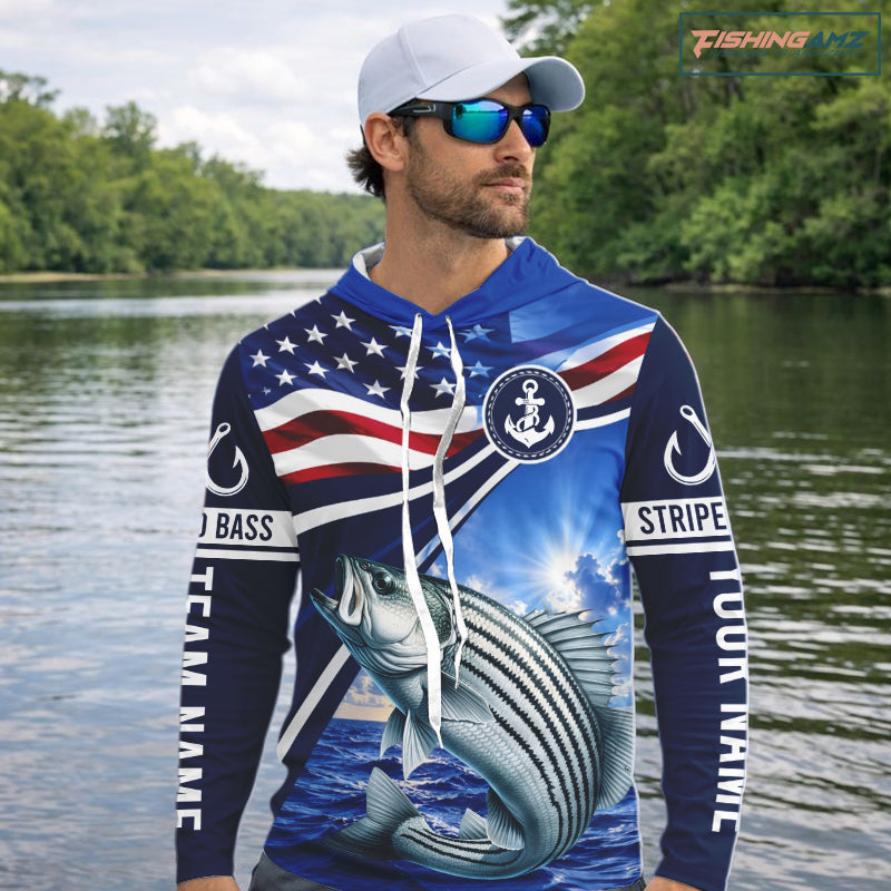 American Flag Striped Bass Fishing Long Sleeve Hooded Fishing Shirts Saltwater , Custom Striped Bass Fishing Jerseys NBT1029