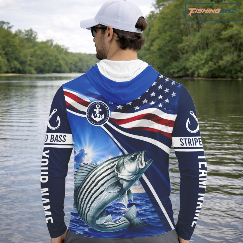 American Flag Striped Bass Fishing Long Sleeve Hooded Fishing Shirts Saltwater , Custom Striped Bass Fishing Jerseys NBT1029