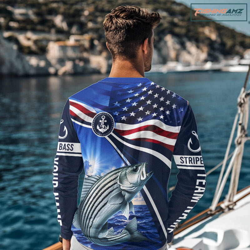 American Flag Striped Bass Fishing Long Sleeve Fishing Shirts Saltwater , Custom Striped Bass Fishing Jerseys NBT1029