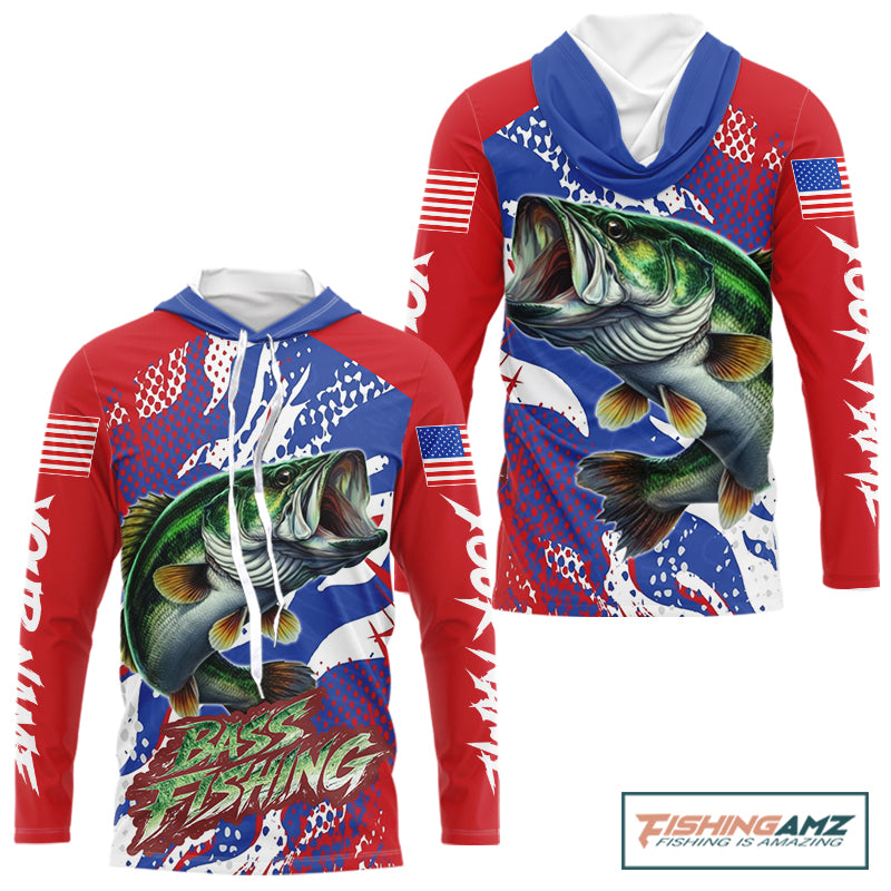 Bass Fishing American Flag Long Sleeve Hooded Fishing Shirts, Bass Fishing Shirts For Men, UPF Fishing Shirts NBT436