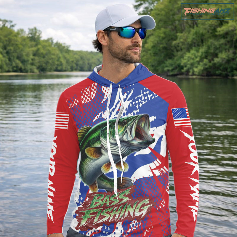 Bass Fishing American Flag Long Sleeve Hooded Fishing Shirts, Bass Fishing Shirts For Men, UPF Fishing Shirts NBT436