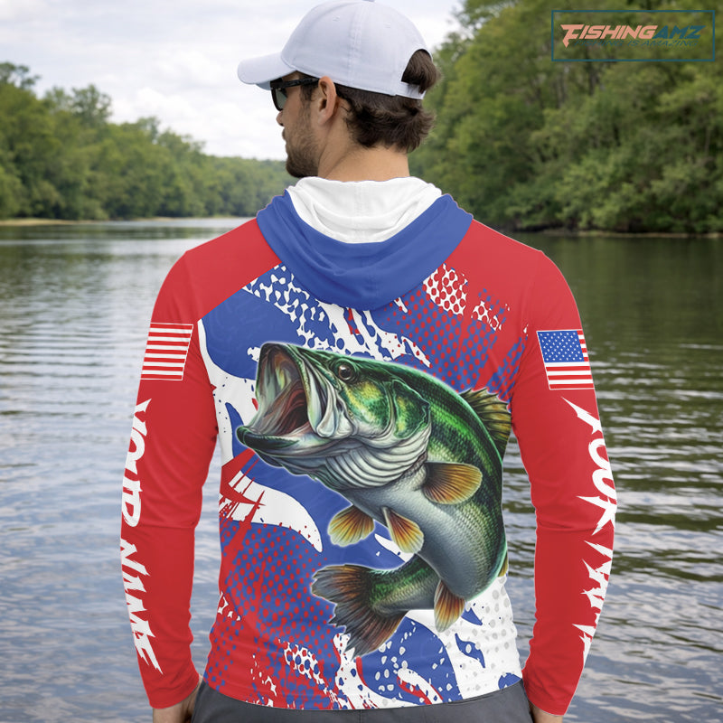 Bass Fishing American Flag Long Sleeve Hooded Fishing Shirts, Bass Fishing Shirts For Men, UPF Fishing Shirts NBT436