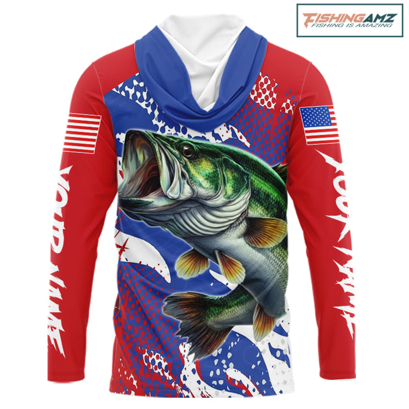 Bass Fishing American Flag Long Sleeve Hooded Fishing Shirts, Bass Fishing Shirts For Men, UPF Fishing Shirts NBT436