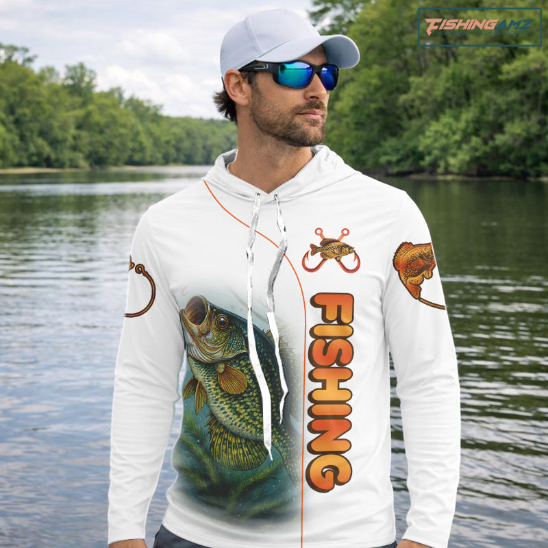 Crappie Fishing White Fishing Team Crappie Custom Name Long Sleeve Hooded UV Protection Fishing Shirts NBT550