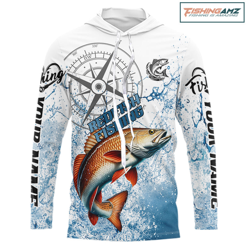 Custom Redfish Long Sleeve Hooded Fishing Shirts Saltwater Fish, Compass Offshore Tournament Fishing Shirts NBT551