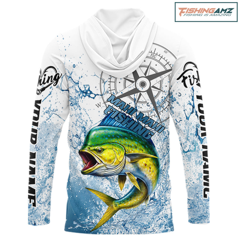 Custom Mahi Mahi Long Sleeve Hooded Fishing Shirts Saltwater Fish, Compass Offshore Tournament Fishing Shirts NBT552