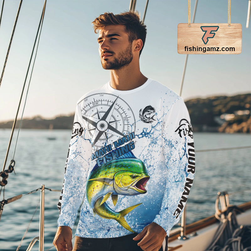Custom Mahi Mahi Long Sleeve Fishing Shirts Saltwater Fish, Compass Offshore Tournament Fishing Shirts NBT552