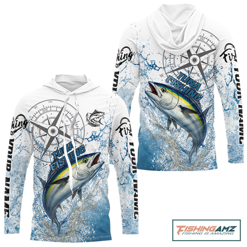 Custom Yellowfin Tuna Long Sleeve Hooded Fishing Shirts Saltwater Fish, Compass Offshore Tournament Fishing Shirts NBT553