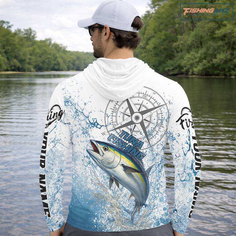 Custom Yellowfin Tuna Long Sleeve Hooded Fishing Shirts Saltwater Fish, Compass Offshore Tournament Fishing Shirts NBT553