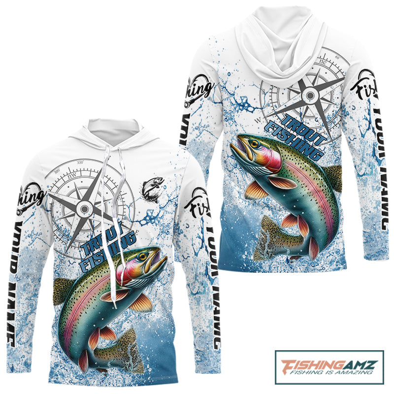 Custom Rainbow Trout Long Sleeve Hooded Fishing Shirts, Compass Tournament Fishing Shirts For Men NBT554