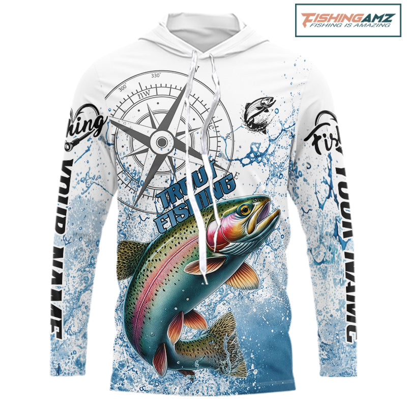Custom Rainbow Trout Long Sleeve Hooded Fishing Shirts, Compass Tournament Fishing Shirts For Men NBT554