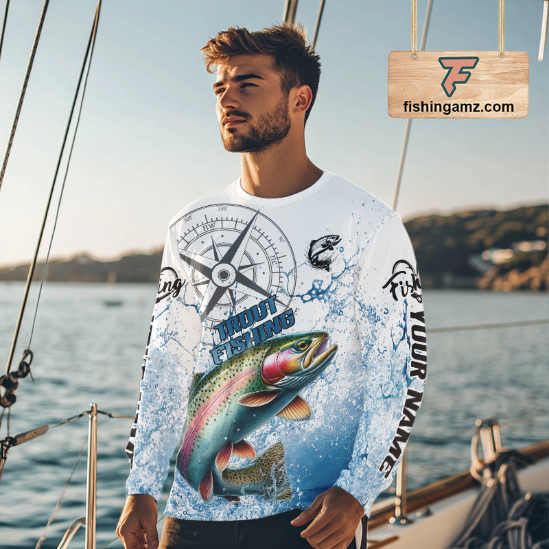 Custom Rainbow Trout Long Sleeve Fishing Shirts, Compass Tournament Fishing Shirts For Men NBT554