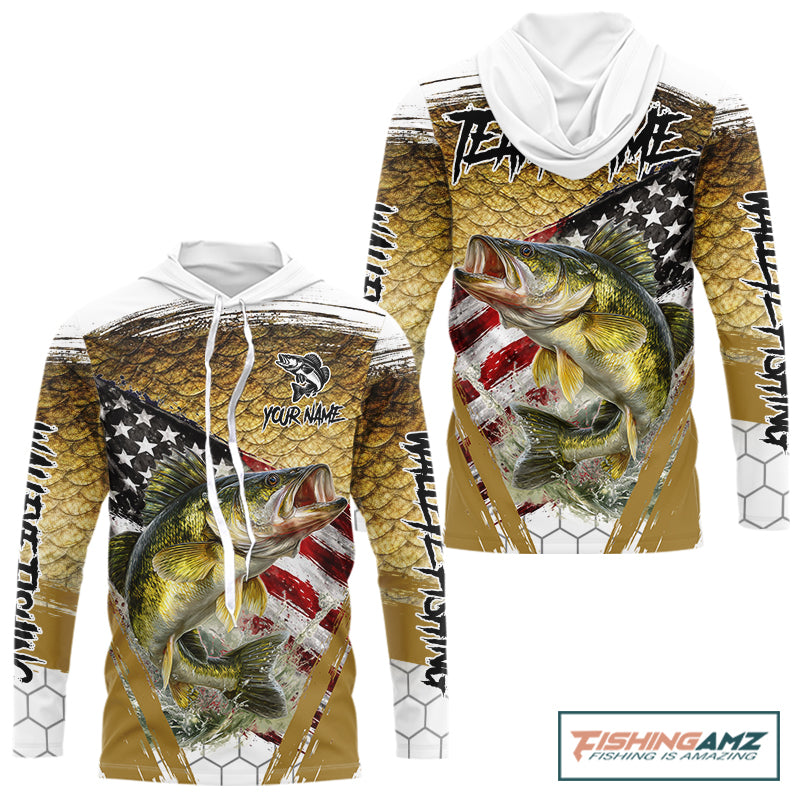 American Flag Walleye Long Sleeve Hooded Fishing Shirts Fish Scale, Custom Patriotric Walleye Fishing Shirts NBT394