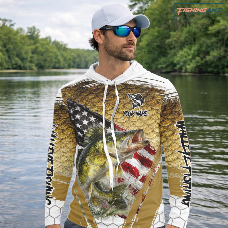 American Flag Walleye Long Sleeve Hooded Fishing Shirts Fish Scale, Custom Patriotric Walleye Fishing Shirts NBT394