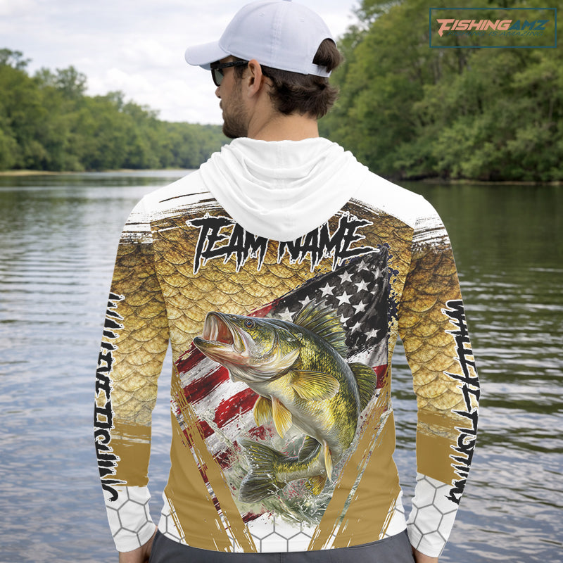 American Flag Walleye Long Sleeve Hooded Fishing Shirts Fish Scale, Custom Patriotric Walleye Fishing Shirts NBT394