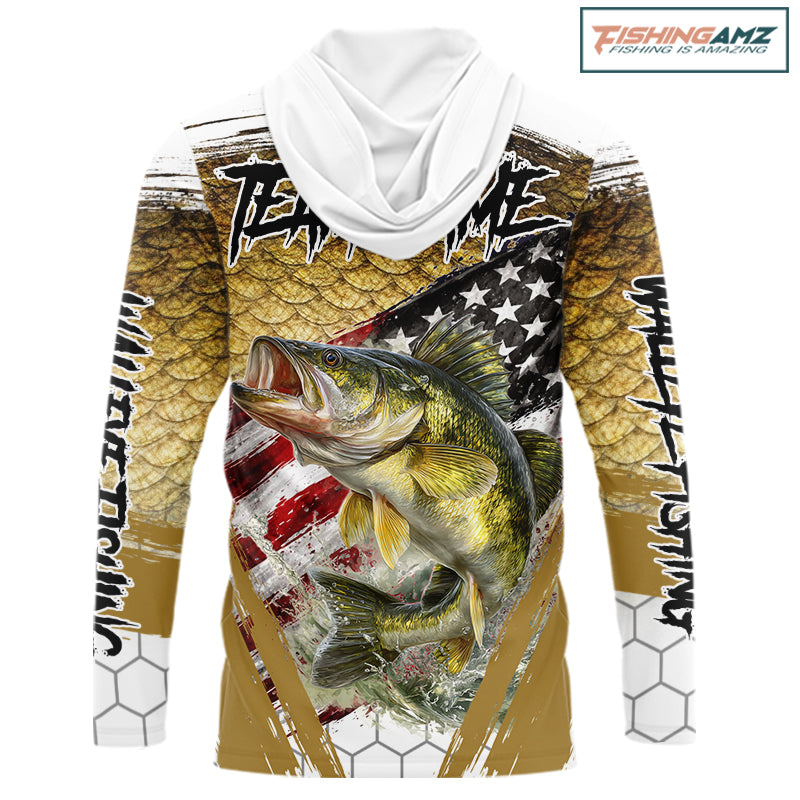 American Flag Walleye Long Sleeve Hooded Fishing Shirts Fish Scale, Custom Patriotric Walleye Fishing Shirts NBT394