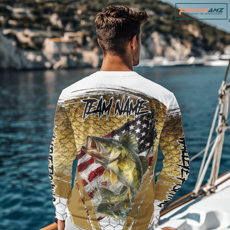 American Flag Walleye Fishing Shirts Long Sleeve Fish Scale, Custom Patriotric Walleye Fishing Shirts NBT394