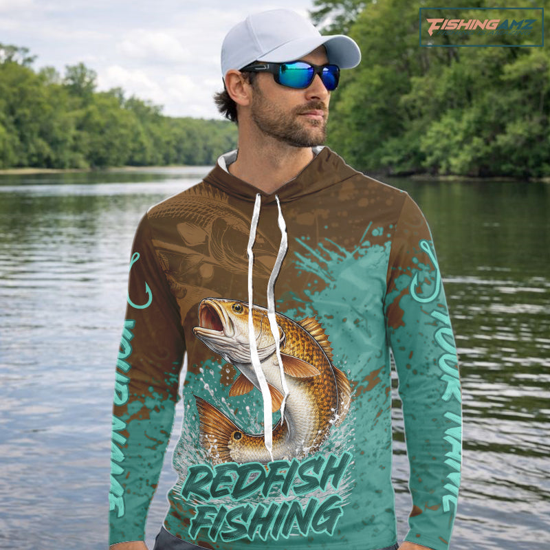 Personalized Redfish Long Sleeve Hooded Fishing Shirts Brown Turquoise Camo, Redfish Fishing Shirts For Men NBT396
