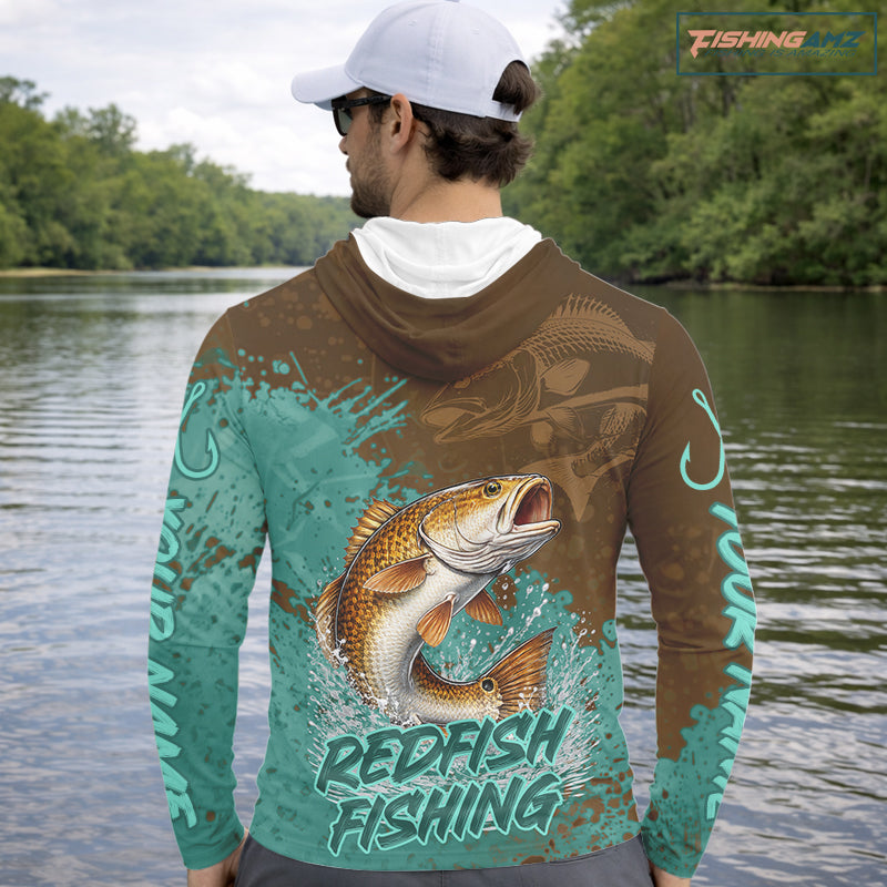 Personalized Redfish Long Sleeve Hooded Fishing Shirts Brown Turquoise Camo, Redfish Fishing Shirts For Men NBT396
