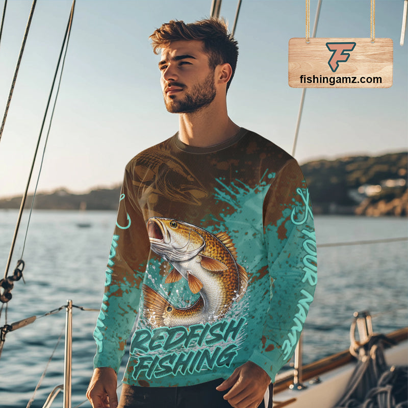 Personalized Redfish Fishing Shirts Long Sleeve Brown Turquoise Camo, Redfish Fishing Shirts For Men NBT396