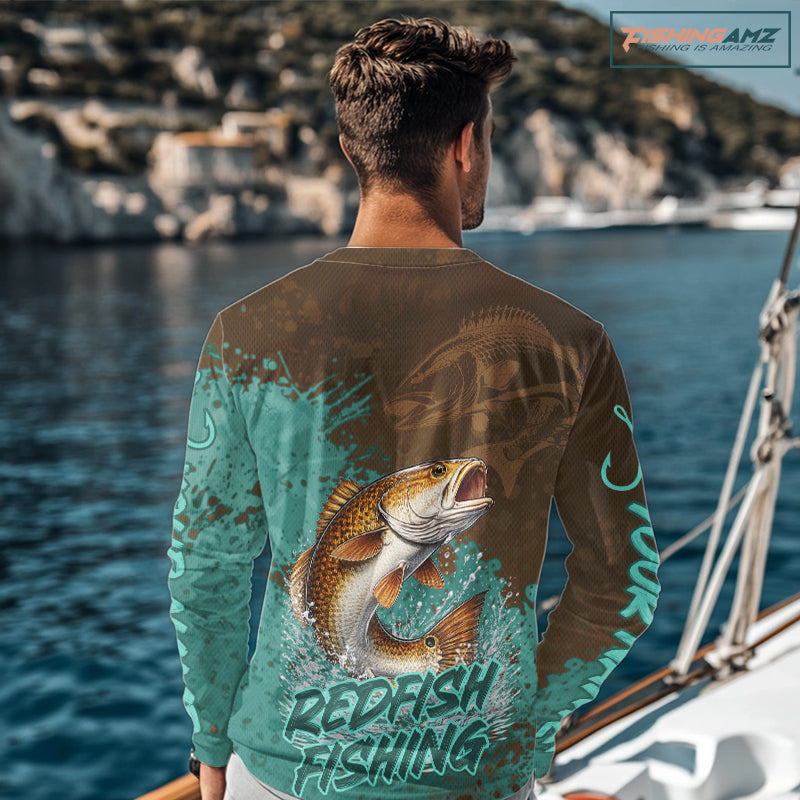 Personalized Redfish Fishing Shirts Long Sleeve Brown Turquoise Camo, Redfish Fishing Shirts For Men NBT396