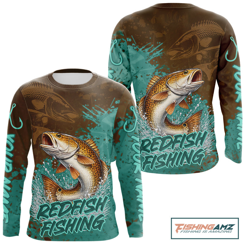 Personalized Redfish Fishing Shirts Long Sleeve Brown Turquoise Camo, Redfish Fishing Shirts For Men NBT396