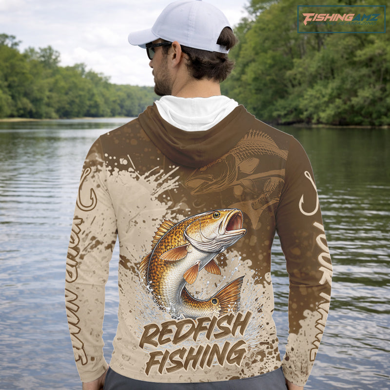 Personalized Redfish Long Sleeve Hooded Fishing Shirts Brown Camo, Redfish Fishing Shirts For Men NBT397