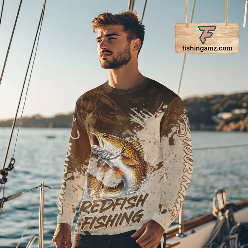 Personalized Redfish Fishing Shirts Long Sleeve Brown Camo, Redfish Fishing Shirts For Men NBT397