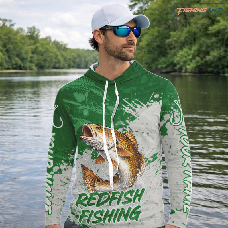 Personalized Redfish Long Sleeve Hooded Fishing Shirts Green Camo, Redfish Fishing Shirts For Men NBT398