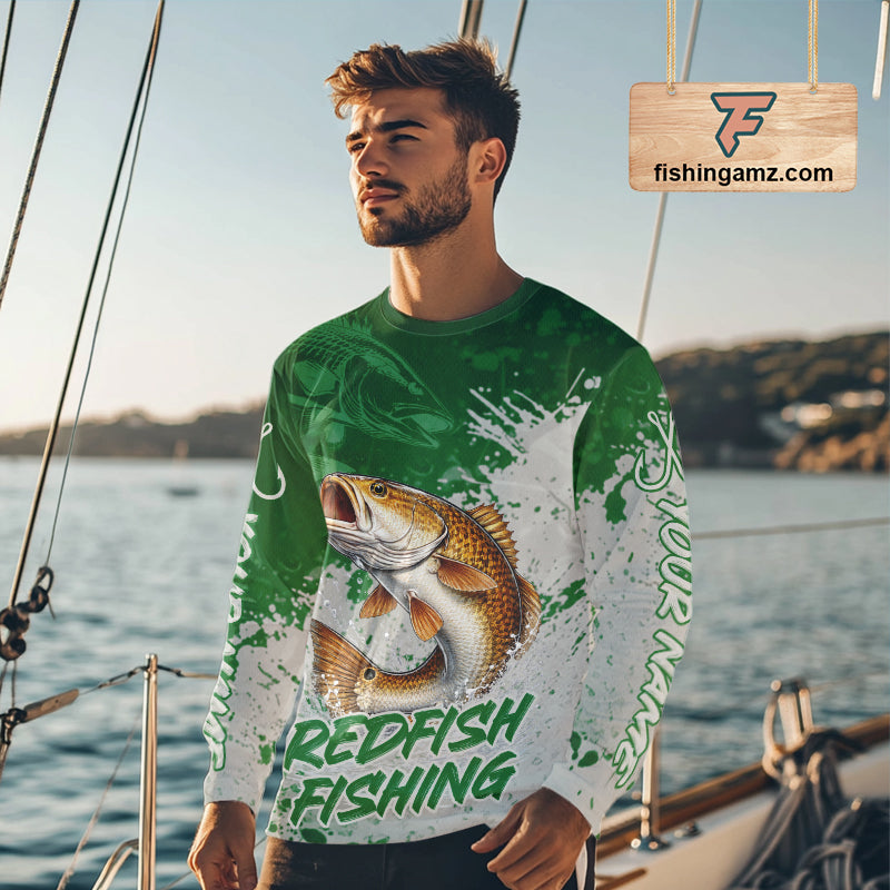 Personalized Redfish Fishing Shirts Long Sleeve Green Camo, Redfish Fishing Shirts For Men NBT398