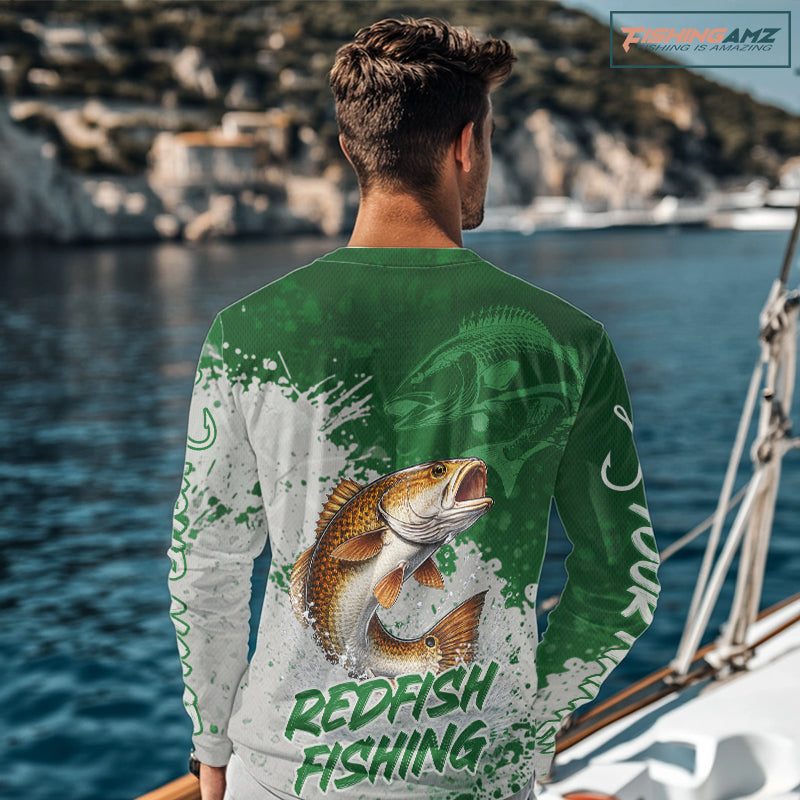 Personalized Redfish Fishing Shirts Long Sleeve Green Camo, Redfish Fishing Shirts For Men NBT398