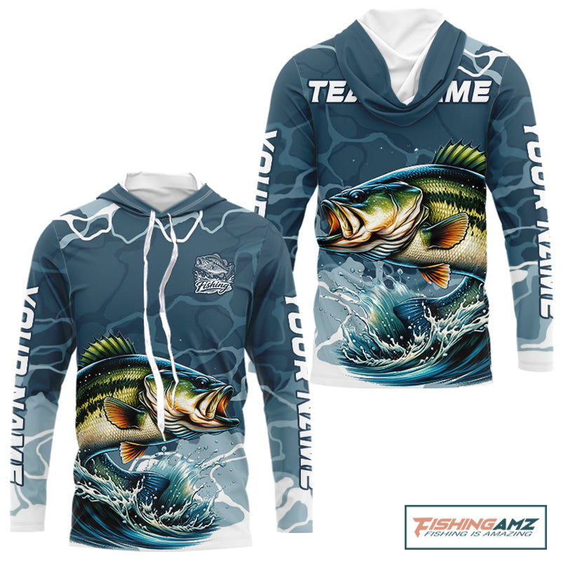 Custom Largemouth Bass Long Sleeve Hooded Tournament Fishing Shirts, Team Bass Fishing Jerseys NBT696