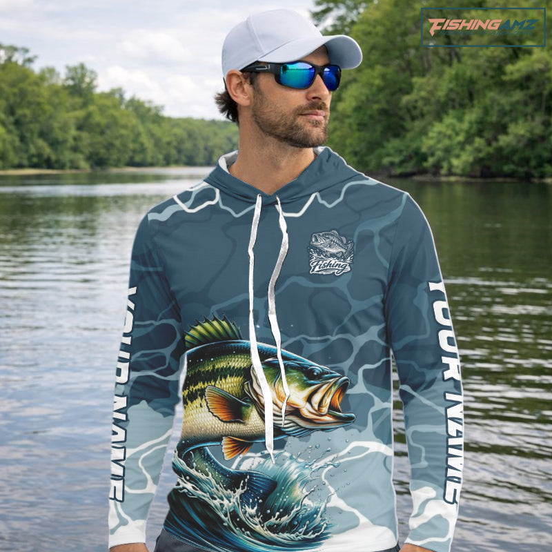 Custom Largemouth Bass Long Sleeve Hooded Tournament Fishing Shirts, Team Bass Fishing Jerseys NBT696